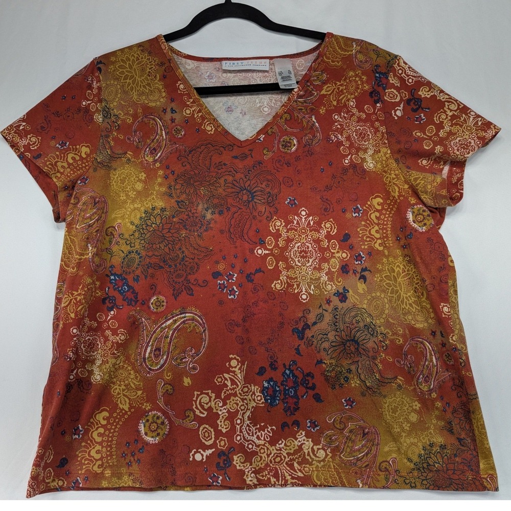 First Issue Liz Claiborne XL Rust Paisley V-Neck Cotton Short Sleeve Top‎ Shirt
